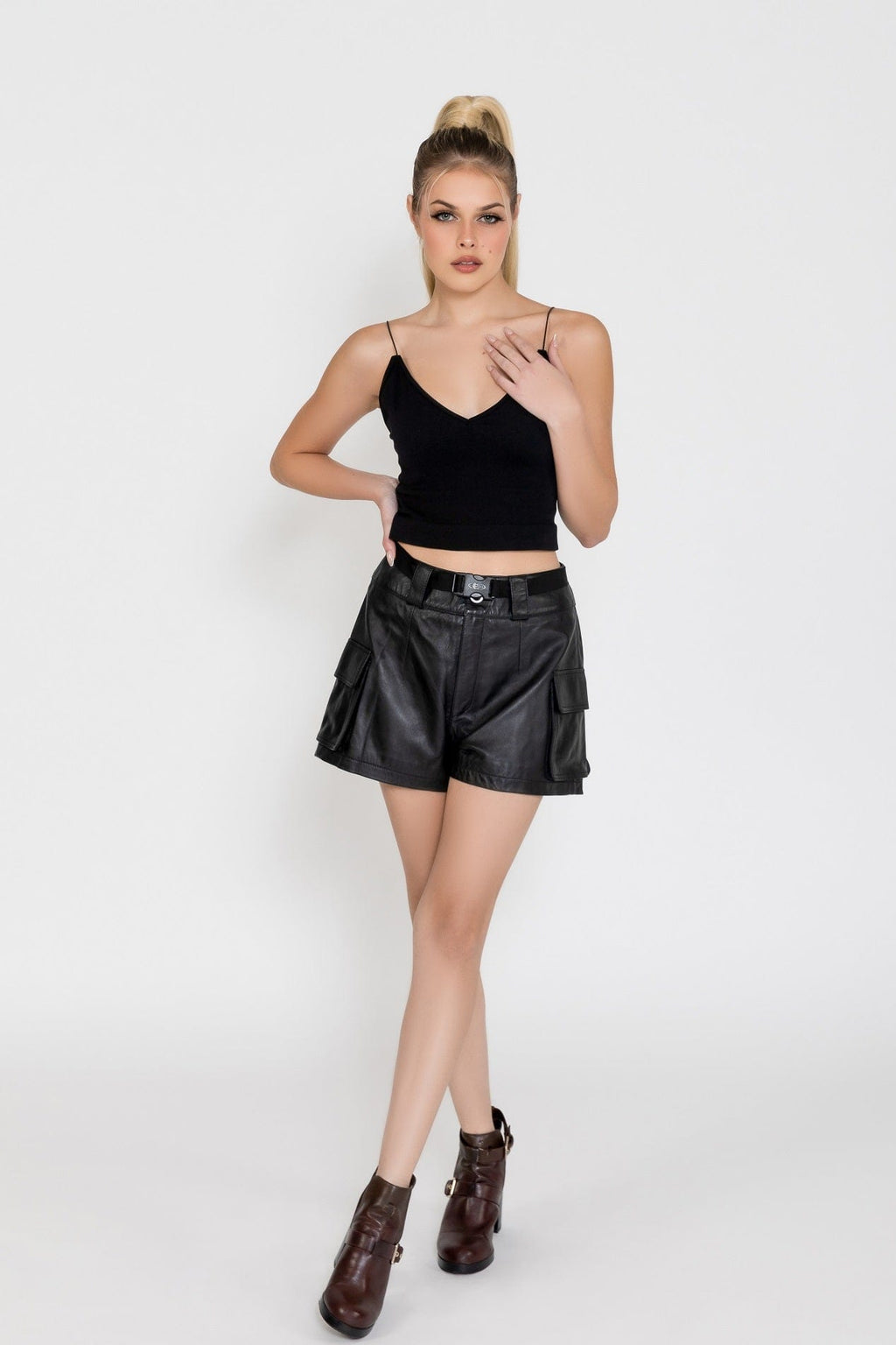 FADCLOSET Women's Shorts Fadcloset Women's Fashion Dual Pocket Self Waist Utility Black Leather Shorts