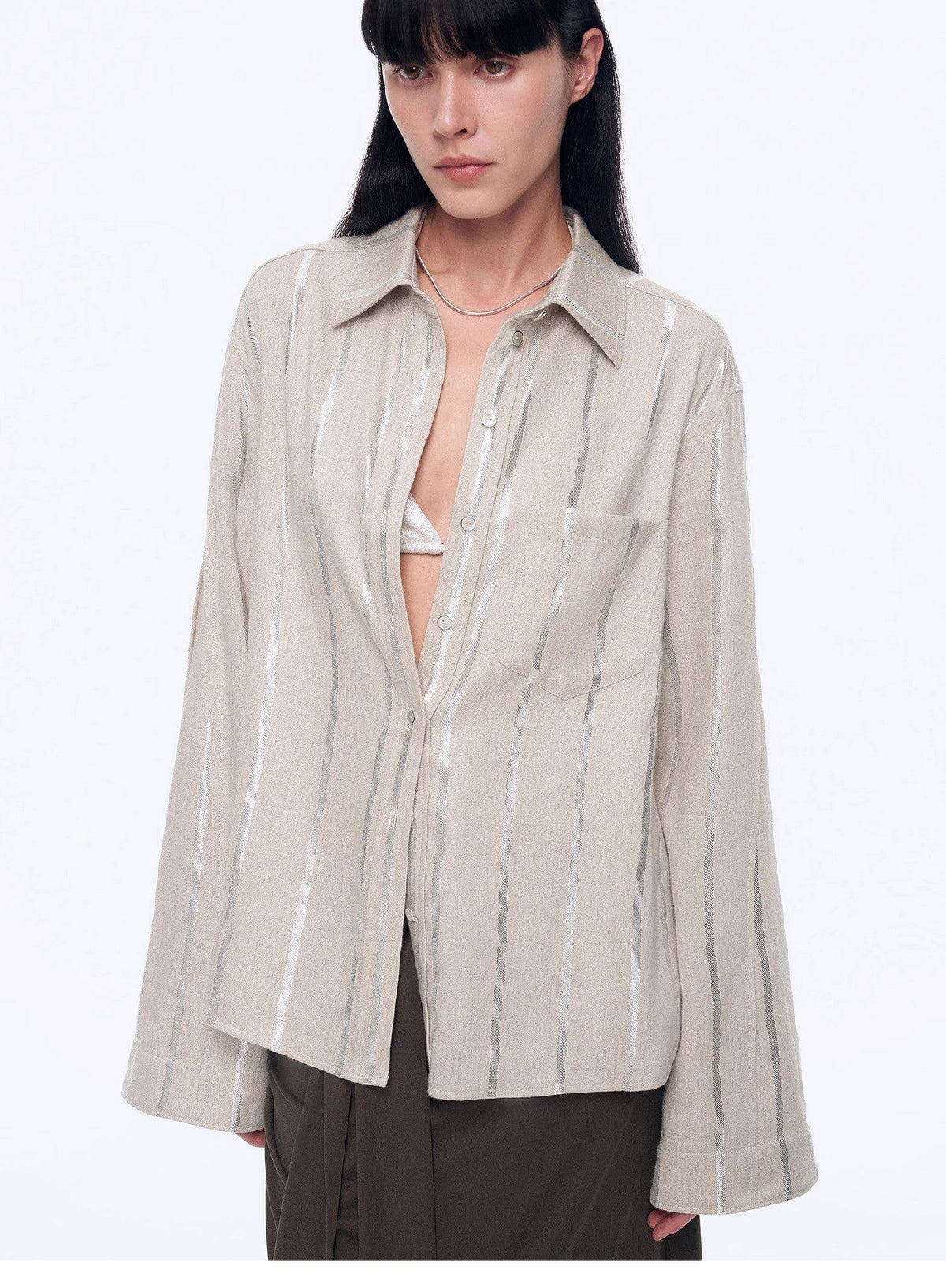 Fireladyfur Clothing Women's Fashion - Women's Clothing - Blouses & Shirts "Anonymous Letter" Silver Stripe Trumpet Sleeve Linen Cropped Shirt