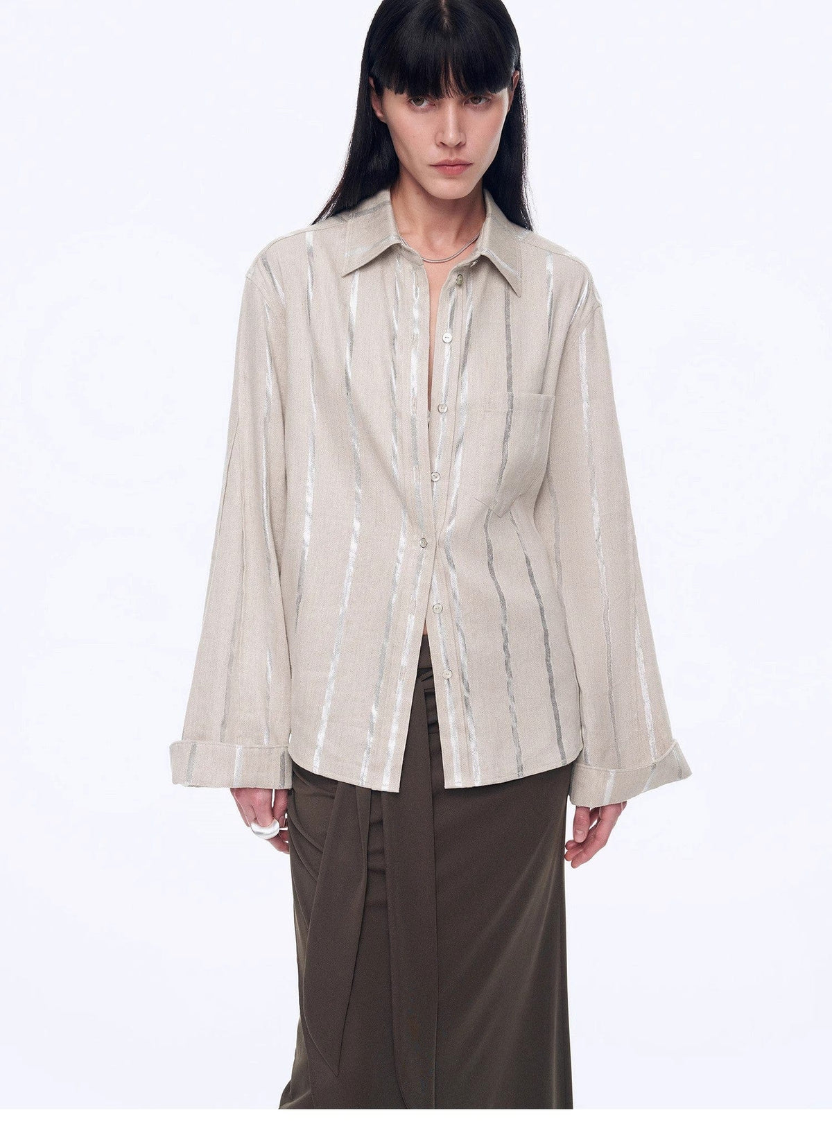 Fireladyfur Clothing Women's Fashion - Women's Clothing - Blouses & Shirts "Anonymous Letter" Silver Stripe Trumpet Sleeve Linen Cropped Shirt