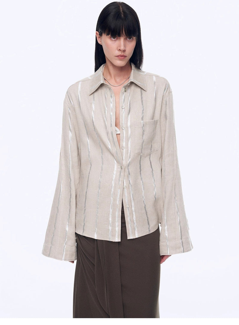Fireladyfur Clothing Women's Fashion - Women's Clothing - Blouses & Shirts "Anonymous Letter" Silver Stripe Trumpet Sleeve Linen Cropped Shirt