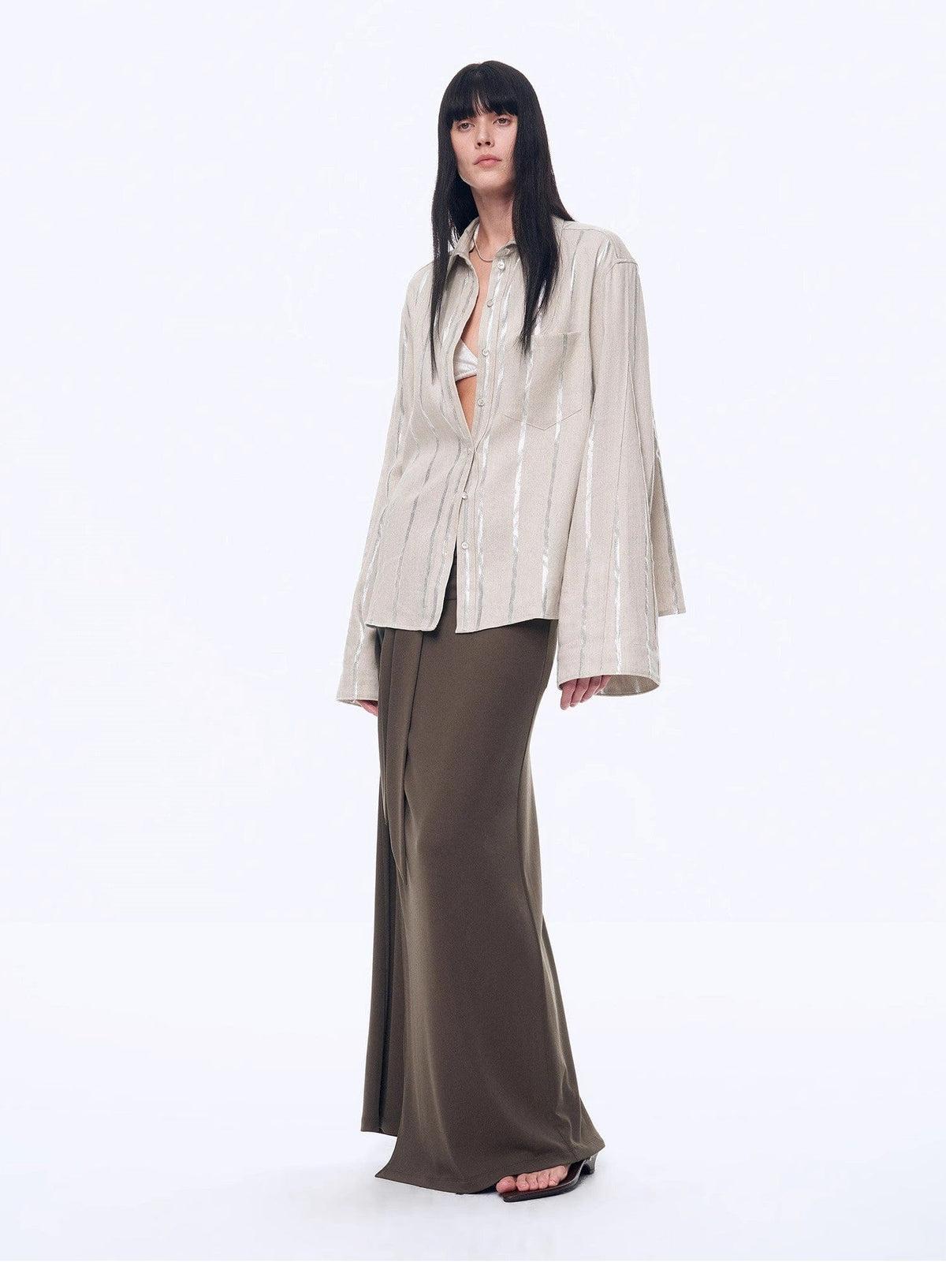 Fireladyfur Clothing Women's Fashion - Women's Clothing - Blouses & Shirts "Anonymous Letter" Silver Stripe Trumpet Sleeve Linen Cropped Shirt