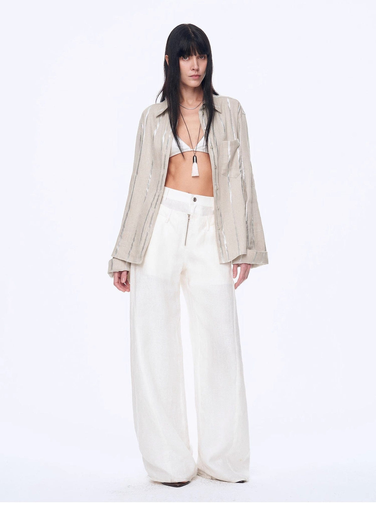 Fireladyfur Clothing Women's Fashion - Women's Clothing - Blouses & Shirts "Anonymous Letter" Silver Stripe Trumpet Sleeve Linen Cropped Shirt