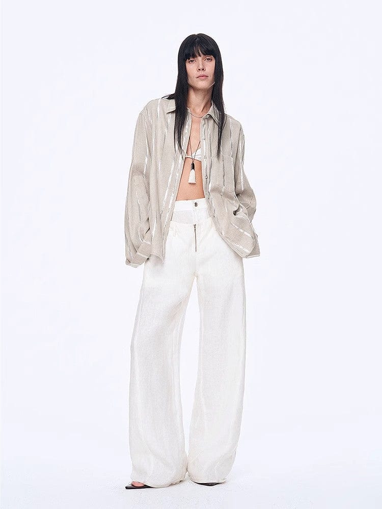 Fireladyfur Clothing Women's Fashion - Women's Clothing - Blouses & Shirts "Anonymous Letter" Silver Stripe Trumpet Sleeve Linen Cropped Shirt