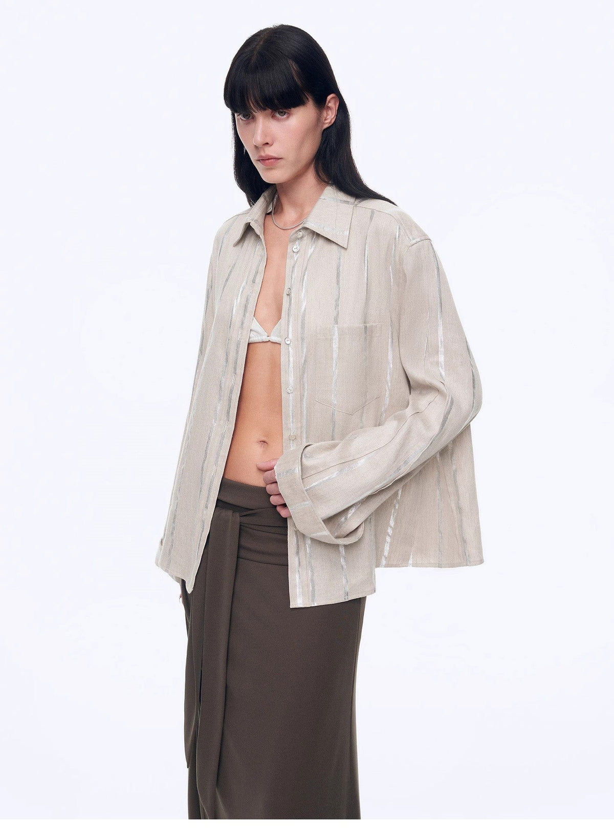 Fireladyfur Clothing Women's Fashion - Women's Clothing - Blouses & Shirts "Anonymous Letter" Silver Stripe Trumpet Sleeve Linen Cropped Shirt