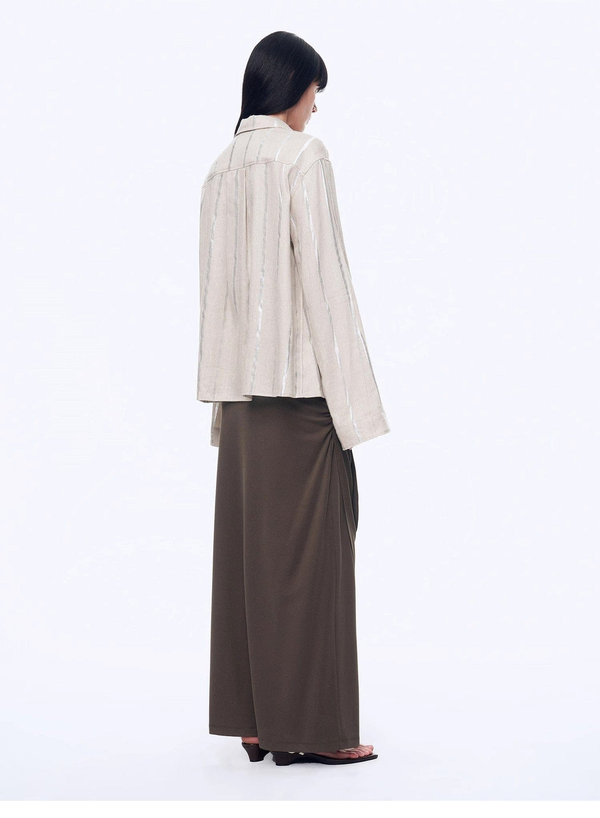 Fireladyfur Clothing Women's Fashion - Women's Clothing - Blouses & Shirts "Anonymous Letter" Silver Stripe Trumpet Sleeve Linen Cropped Shirt