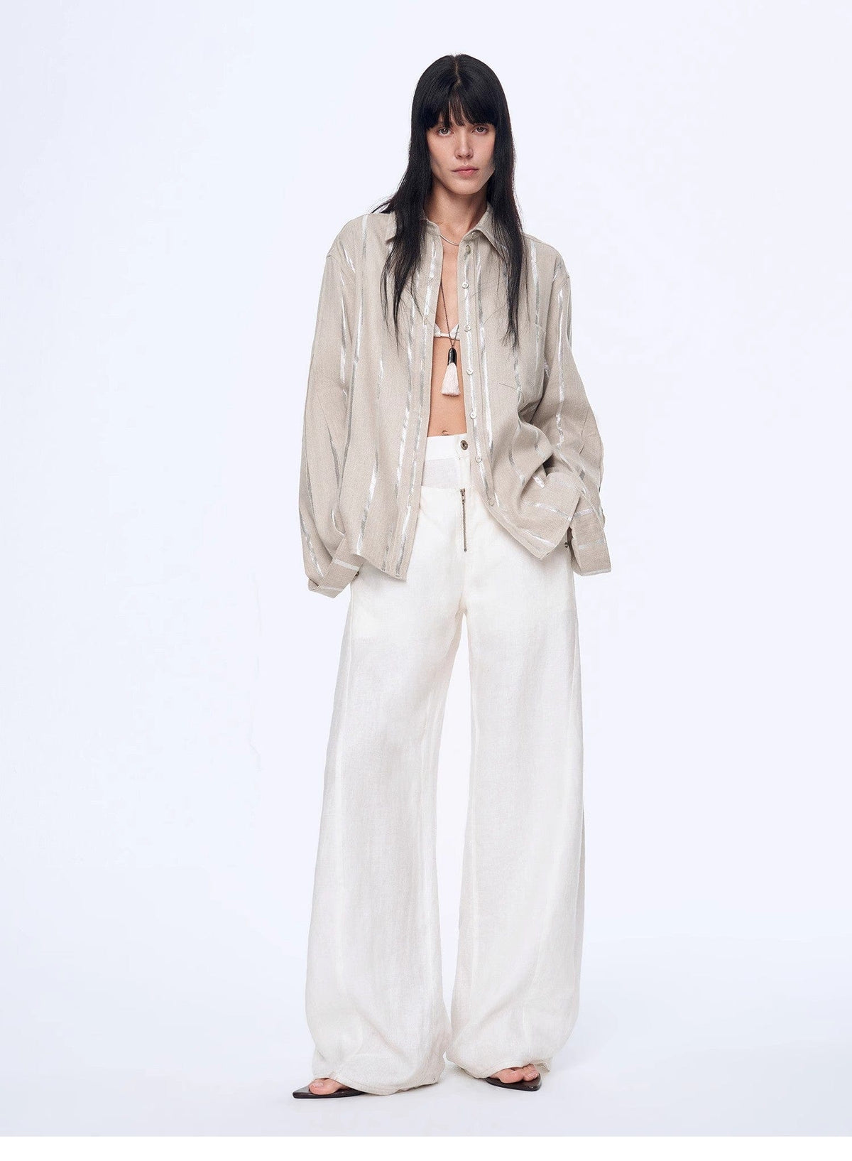 Fireladyfur Clothing Women's Fashion - Women's Clothing - Blouses & Shirts "Anonymous Letter" Silver Stripe Trumpet Sleeve Linen Cropped Shirt
