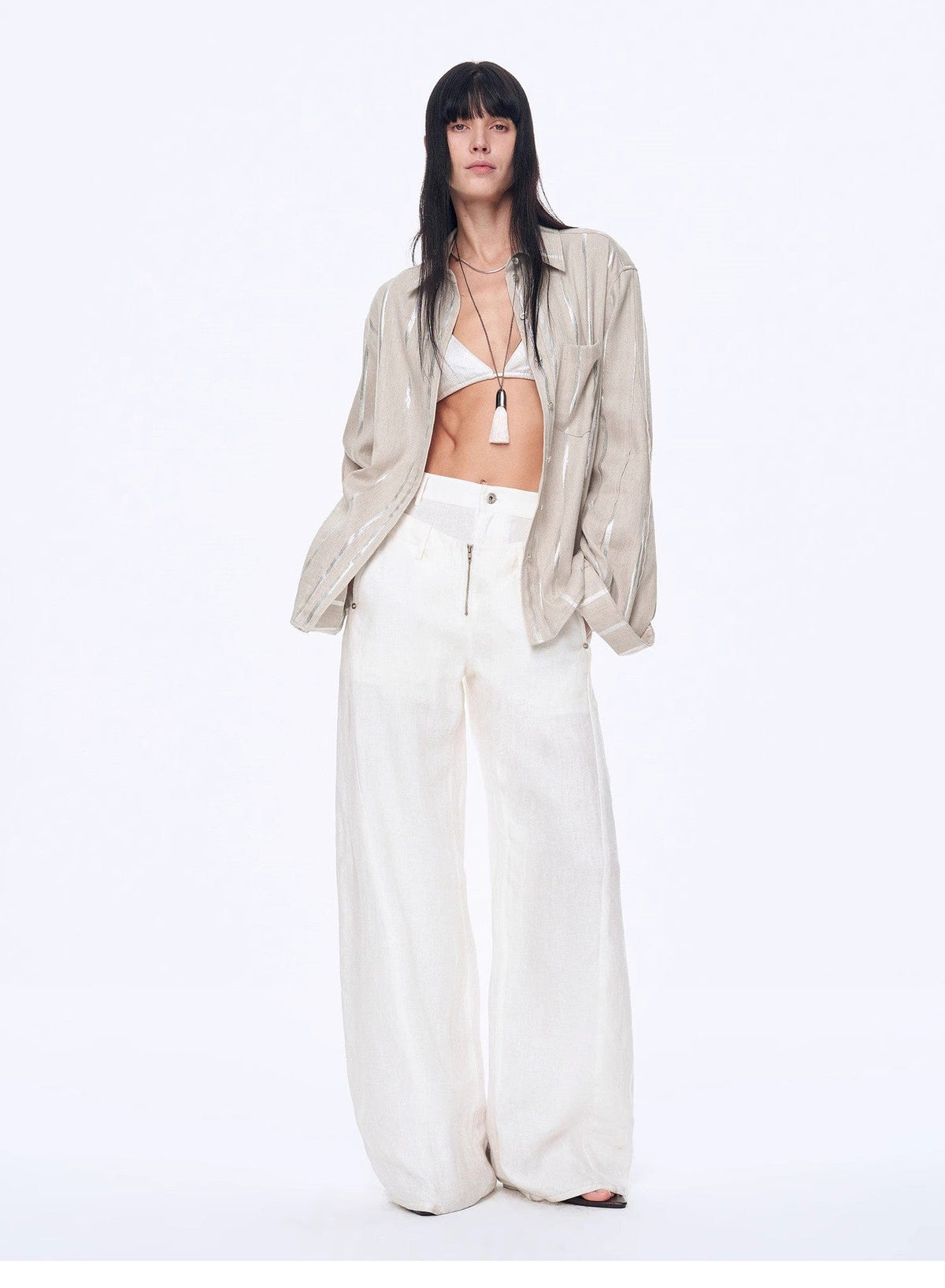 Fireladyfur Clothing Women's Fashion - Women's Clothing - Blouses & Shirts "Anonymous Letter" Silver Stripe Trumpet Sleeve Linen Cropped Shirt