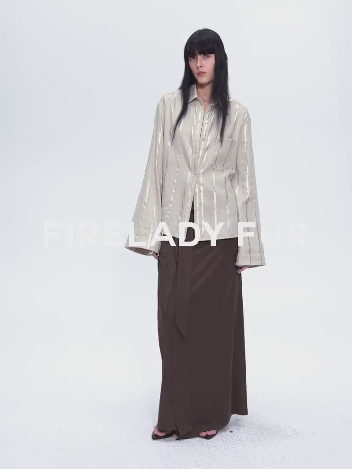 Fireladyfur Clothing Women's Fashion - Women's Clothing - Blouses & Shirts "Anonymous Letter" Silver Stripe Trumpet Sleeve Linen Cropped Shirt