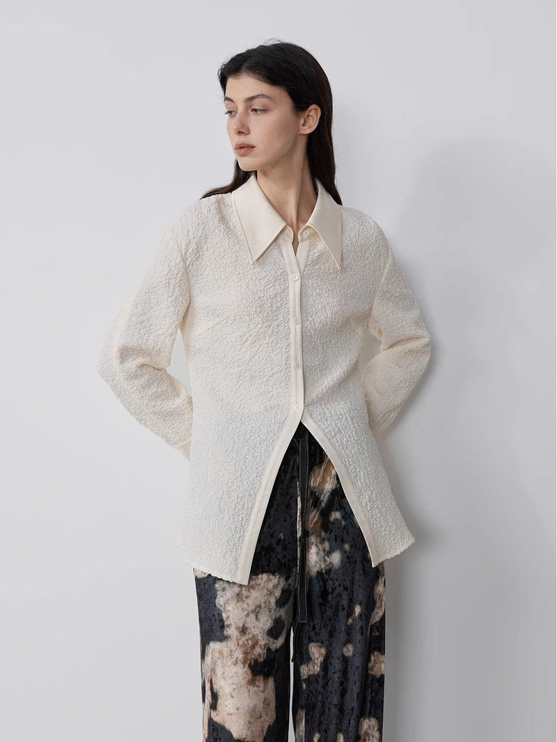 Fireladyfur Clothing Women's Fashion - Women's Clothing - Blouses & Shirts "Art Bubble" Retro Embossed Bubble Cotton Satin Stitching Long-Sleeved Shirt