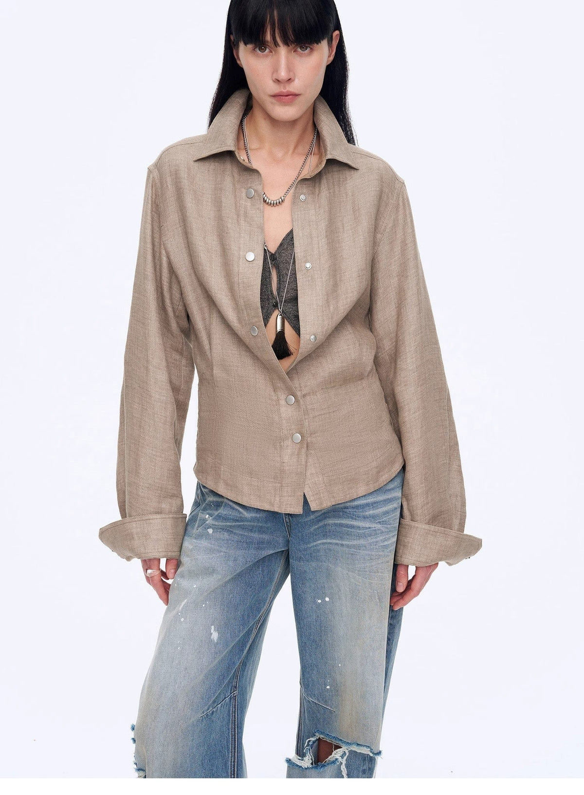 Fireladyfur Clothing Women's Fashion - Women's Clothing - Blouses & Shirts "Berlin Afternoon Tea" Refreshing Breathable Twill Linen Deconstructed Silhouette Old Money Style Waist Shirt Top