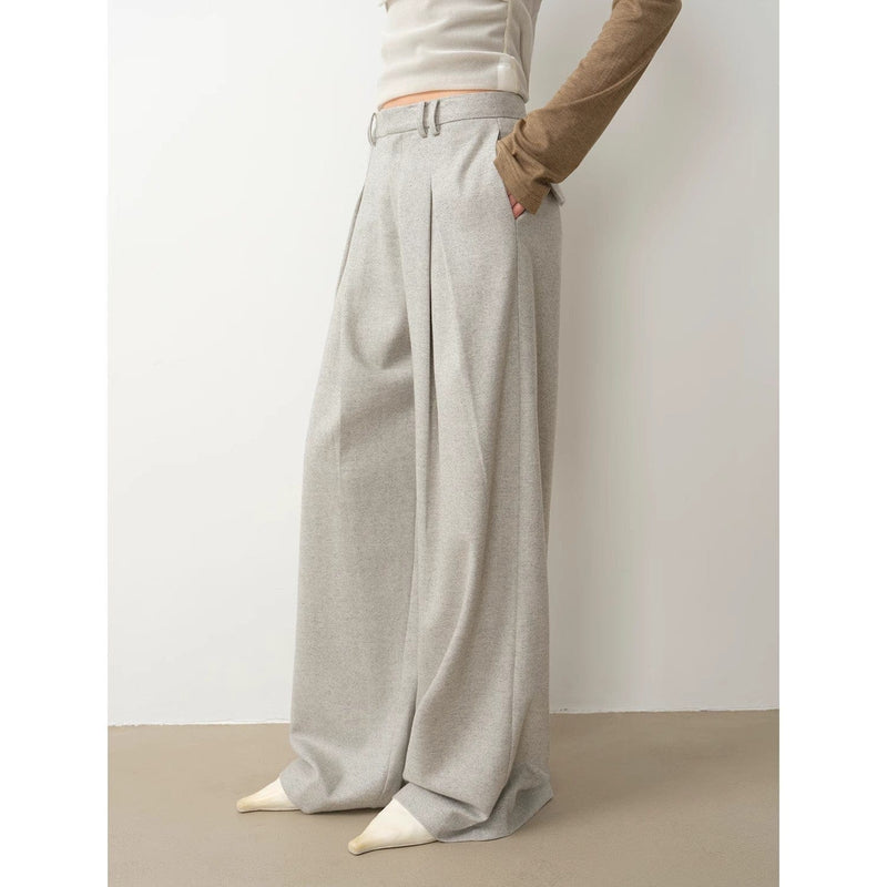 Fireladyfur Clothing Women's Fashion - Women's Clothing - Blouses & Shirts "City Stroll" Casual and Relaxed Wool-Blend Double-Pleated Straight Draped Wide-Leg Casual Trousers for Autumn