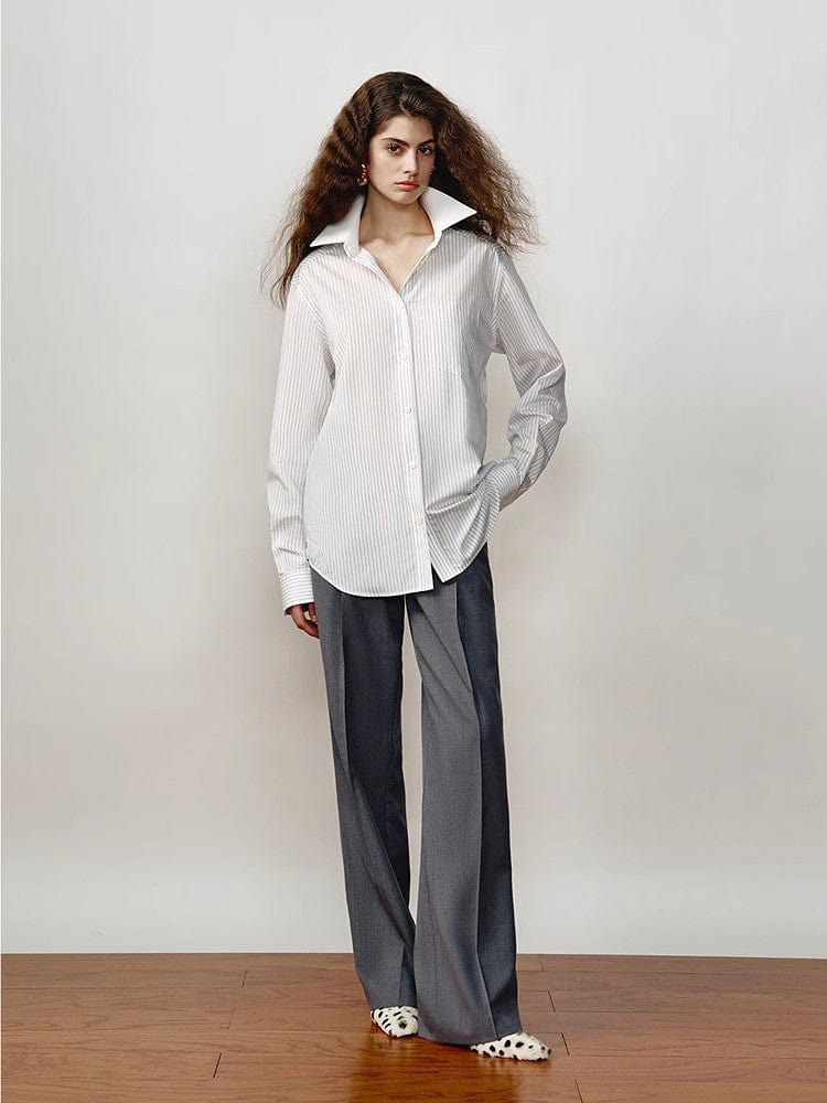 Fireladyfur Clothing Women's Fashion - Women's Clothing - Blouses & Shirts [FF×JW Ghosn Stripe] Lapel Contrast Classic Striped Shirt