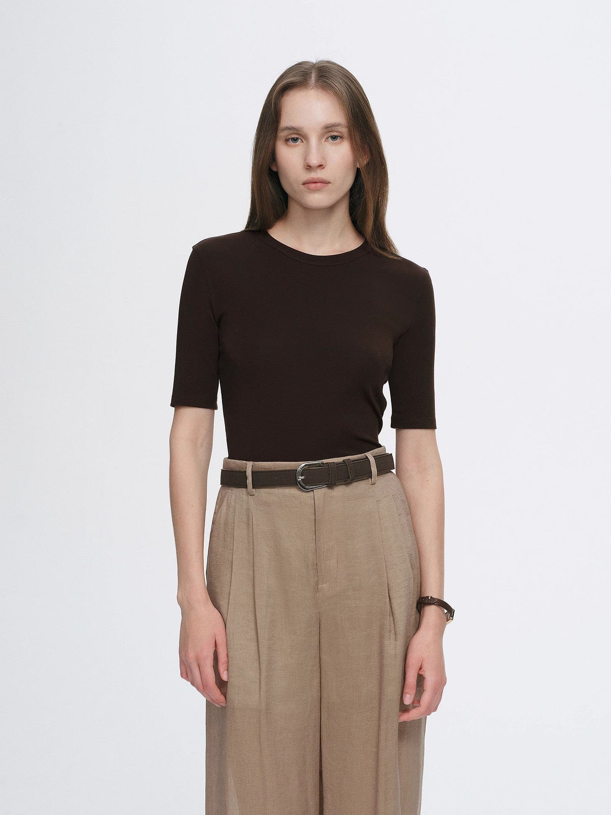 Fireladyfur Clothing Women's Fashion - Women's Clothing - Blouses & Shirts Fitted Waist Slimming Round Neck Tencel Cashmere Versatile Short-Sleeved T-Shirt