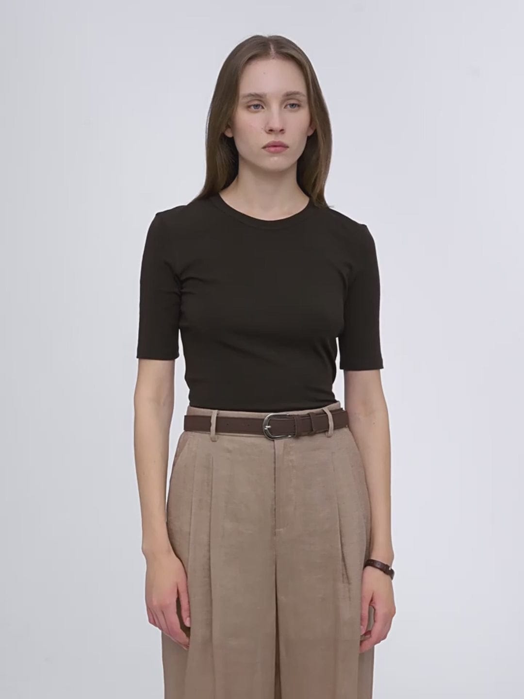 Fireladyfur Clothing Women's Fashion - Women's Clothing - Blouses & Shirts Fitted Waist Slimming Round Neck Tencel Cashmere Versatile Short-Sleeved T-Shirt