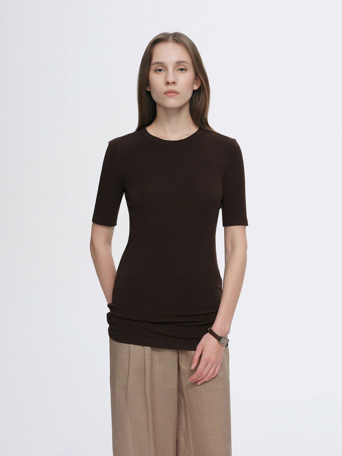 Fireladyfur Clothing Women's Fashion - Women's Clothing - Blouses & Shirts Fitted Waist Slimming Round Neck Tencel Cashmere Versatile Short-Sleeved T-Shirt