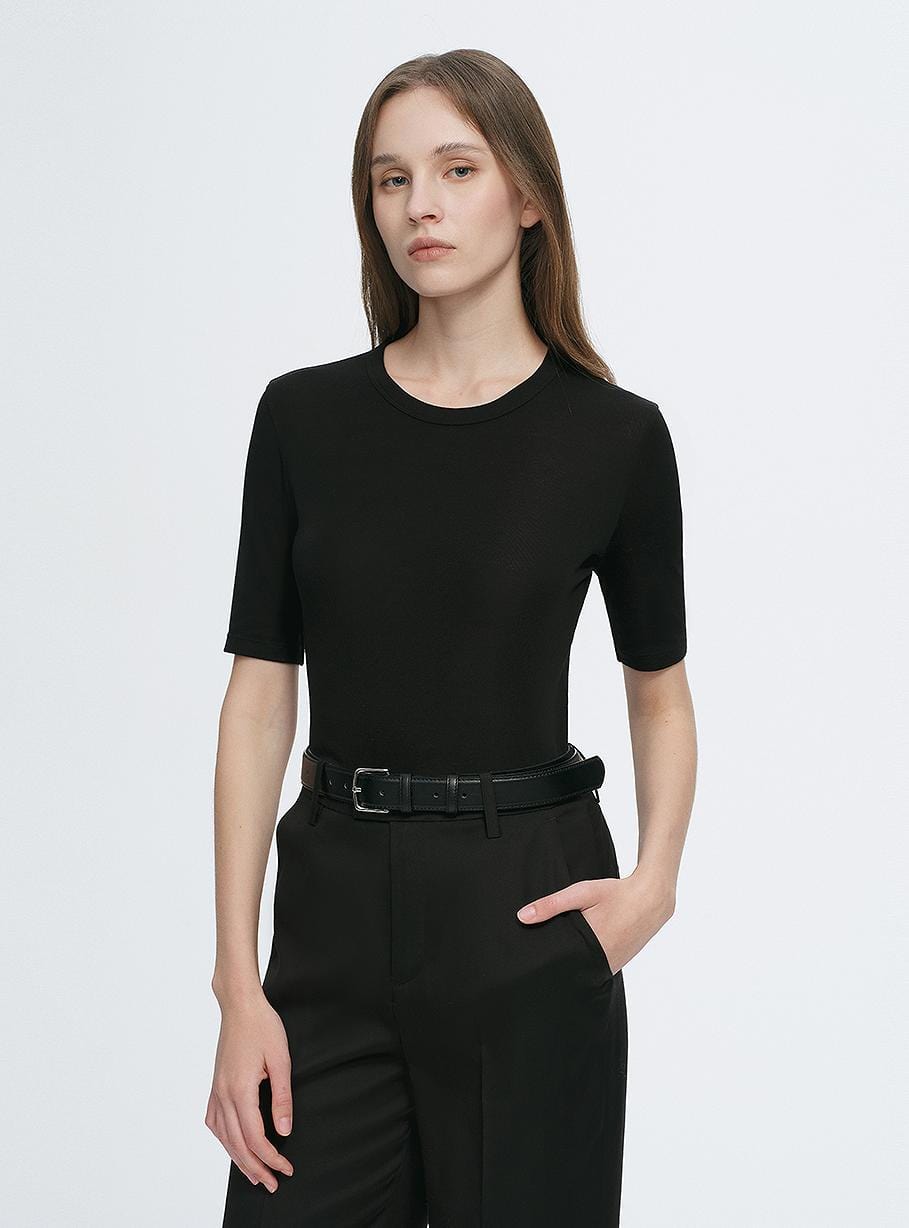 Fireladyfur Clothing Women's Fashion - Women's Clothing - Blouses & Shirts Fitted Waist Slimming Round Neck Tencel Cashmere Versatile Short-Sleeved T-Shirt