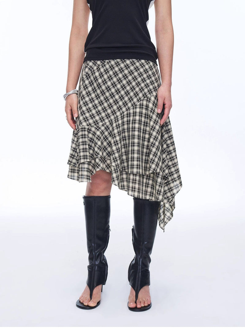 Fireladyfur Clothing Women's Fashion - Women's Clothing - Blouses & Shirts "Full-Level Ballet" Tencel Acetate Plaid Irregular A-Line Skirt