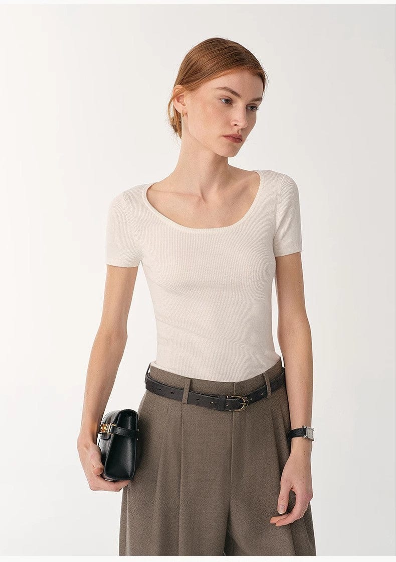 Fireladyfur Clothing Women's Fashion - Women's Clothing - Blouses & Shirts German Yangtze Machine Washable Wool Round Neck Slim Short Sleeve Top for Women