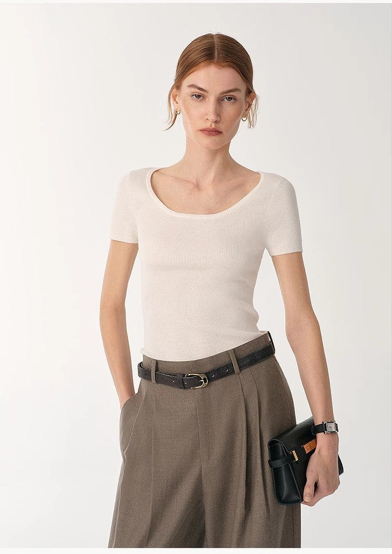 Fireladyfur Clothing Women's Fashion - Women's Clothing - Blouses & Shirts German Yangtze Machine Washable Wool Round Neck Slim Short Sleeve Top for Women