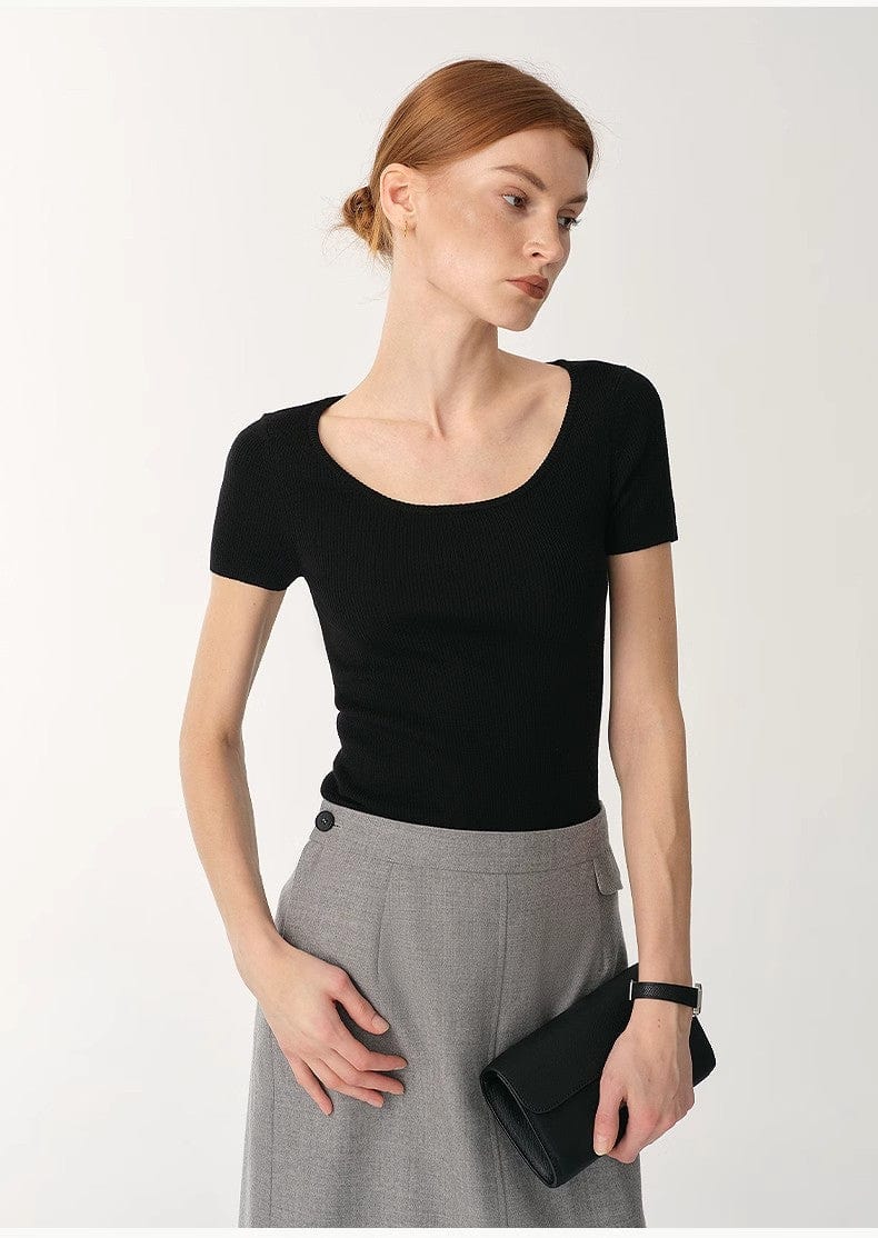 Fireladyfur Clothing Women's Fashion - Women's Clothing - Blouses & Shirts German Yangtze Machine Washable Wool Round Neck Slim Short Sleeve Top for Women