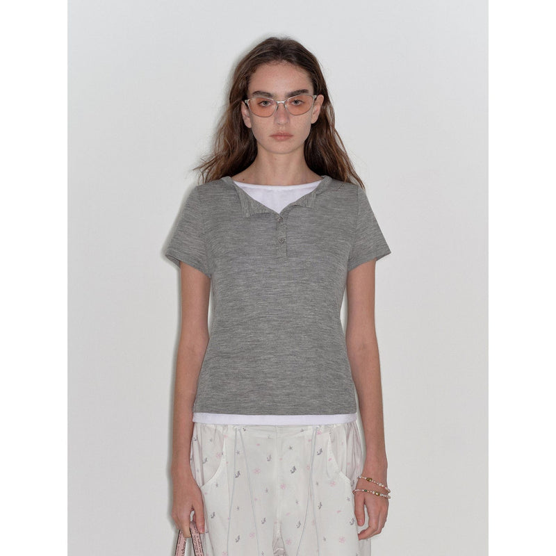 Fireladyfur Clothing Women's Fashion - Women's Clothing - Blouses & Shirts Gray / S（4-6） "Simple Advent" Fine Australian Wool Skin-Friendly Fit Henley Neck Tight T-Shirt