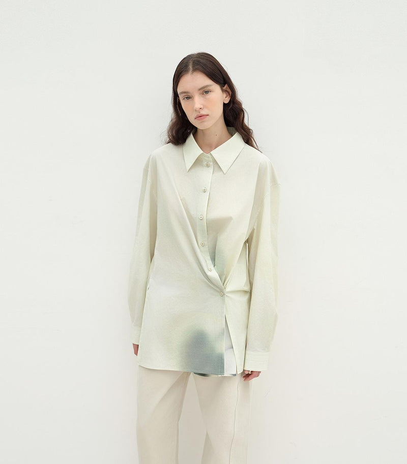 Fireladyfur Clothing Women's Fashion - Women's Clothing - Blouses & Shirts "Green Time" Lapel Side Slit Two-Wear Cotton Printed Shirt