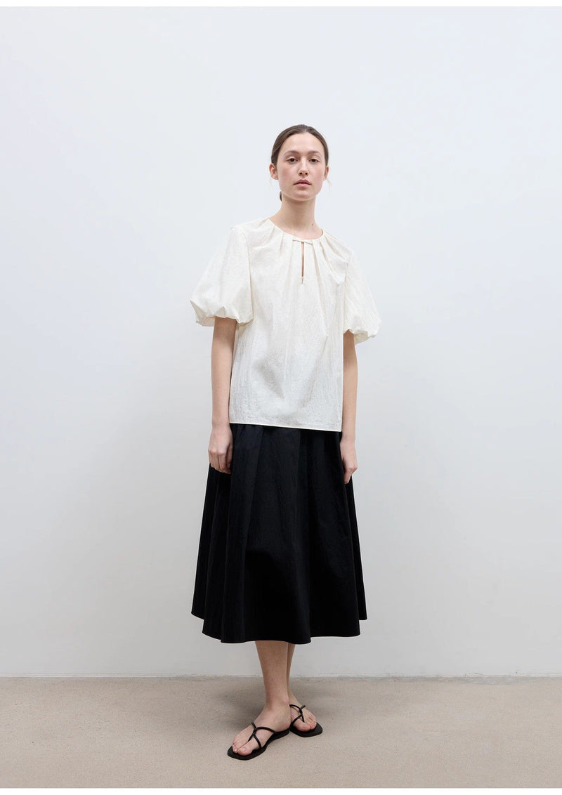 Fireladyfur Clothing Women's Fashion - Women's Clothing - Blouses & Shirts "Iceland Diary" Neckline Pleated Design Round Neck Tie Puff Sleeve Short Sleeve Shirt for Women