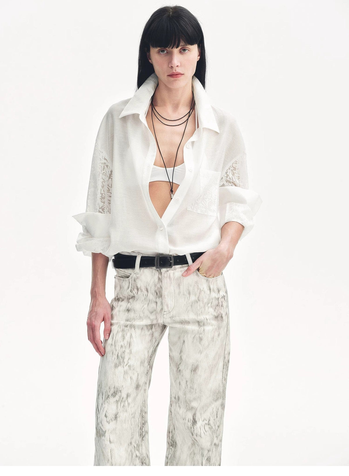 Fireladyfur Clothing Women's Fashion - Women's Clothing - Blouses & Shirts "Ideal Spring Day" Jacquard Hollow Drop Shoulder Shirt Summer