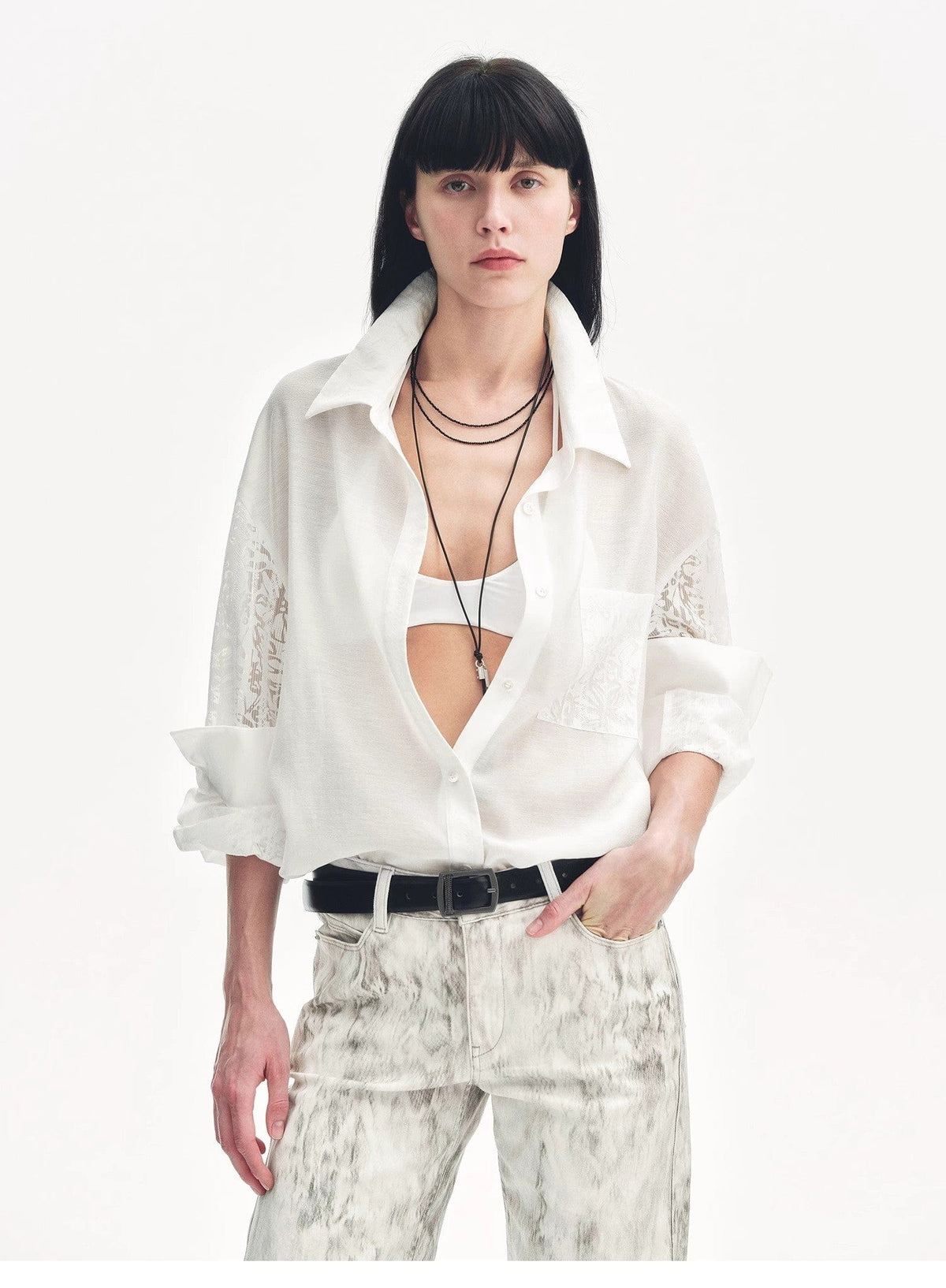 Fireladyfur Clothing Women's Fashion - Women's Clothing - Blouses & Shirts "Ideal Spring Day" Jacquard Hollow Drop Shoulder Shirt Summer