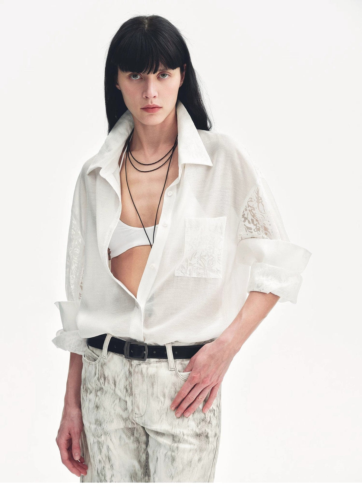 Fireladyfur Clothing Women's Fashion - Women's Clothing - Blouses & Shirts "Ideal Spring Day" Jacquard Hollow Drop Shoulder Shirt Summer