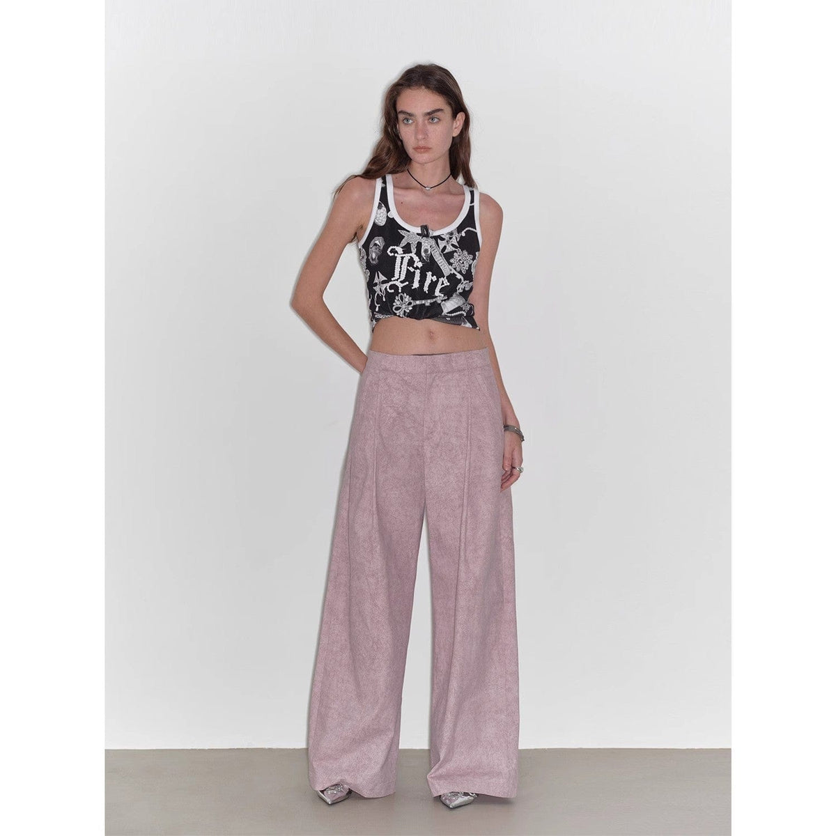 Fireladyfur Clothing Women's Fashion - Women's Clothing - Blouses & Shirts "Light and Shadow Walking" Retro Fashionable Dirty Printed Reverse-Fold Mid-Low-Waist Double-Pleat Straight-Leg Wide-Leg