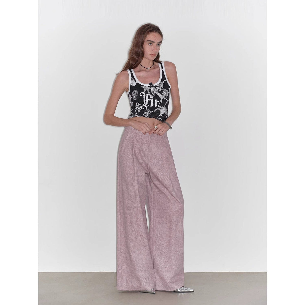 Fireladyfur Clothing Women's Fashion - Women's Clothing - Blouses & Shirts "Light and Shadow Walking" Retro Fashionable Dirty Printed Reverse-Fold Mid-Low-Waist Double-Pleat Straight-Leg Wide-Leg
