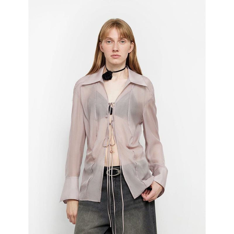 Fireladyfur Clothing Women's Fashion - Women's Clothing - Blouses & Shirts Light Purple / S（4-6） "Hazy Moonlight" Silk Chiffon Light and Hazy Feeling Cool Drape Lace-Up Sun Protection Shirt Summer