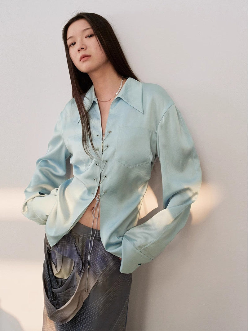 Fireladyfur Clothing Women's Fashion - Women's Clothing - Blouses & Shirts "Mercerized Spring Shadow" Acetate Shirt Women's Hollow String Pleated Slimming Long Sleeve Shirt