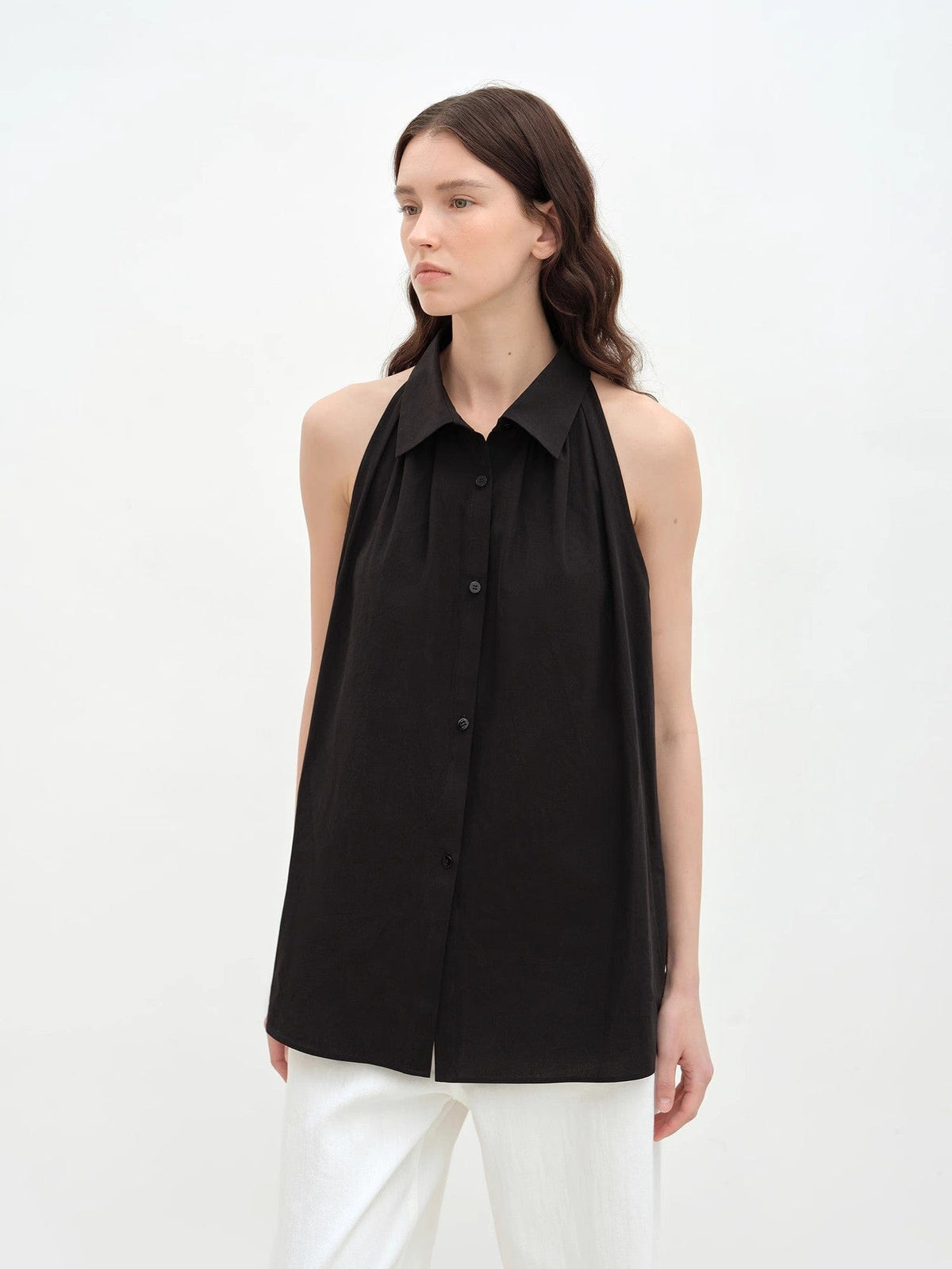Fireladyfur Clothing Women's Fashion - Women's Clothing - Blouses & Shirts "Poland Island" Imported Pure Cotton Stand-Up Collar Sleeveless Striped Shirt Temperament Top for Women