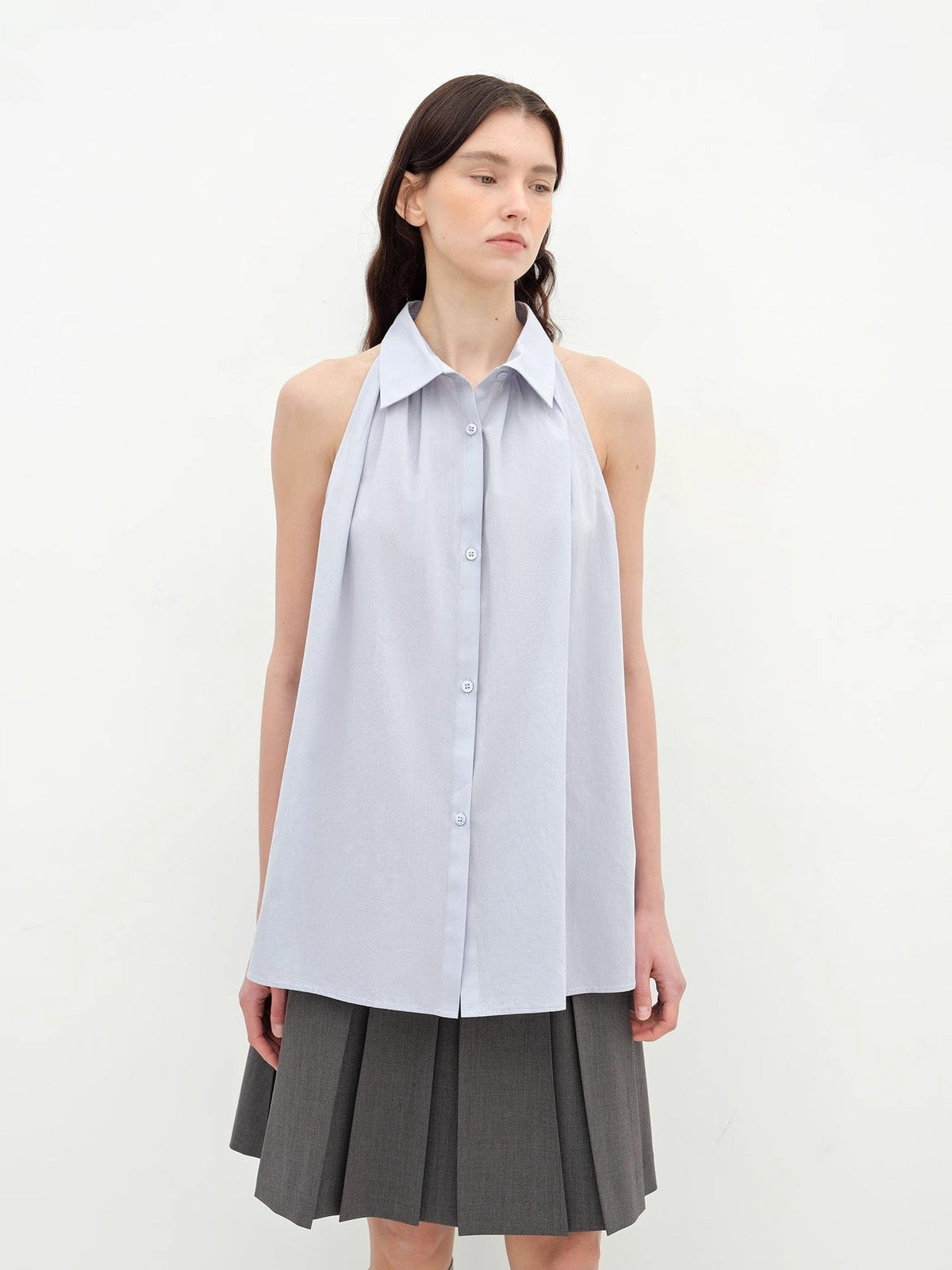 Fireladyfur Clothing Women's Fashion - Women's Clothing - Blouses & Shirts "Poland Island" Imported Pure Cotton Stand-Up Collar Sleeveless Striped Shirt Temperament Top for Women