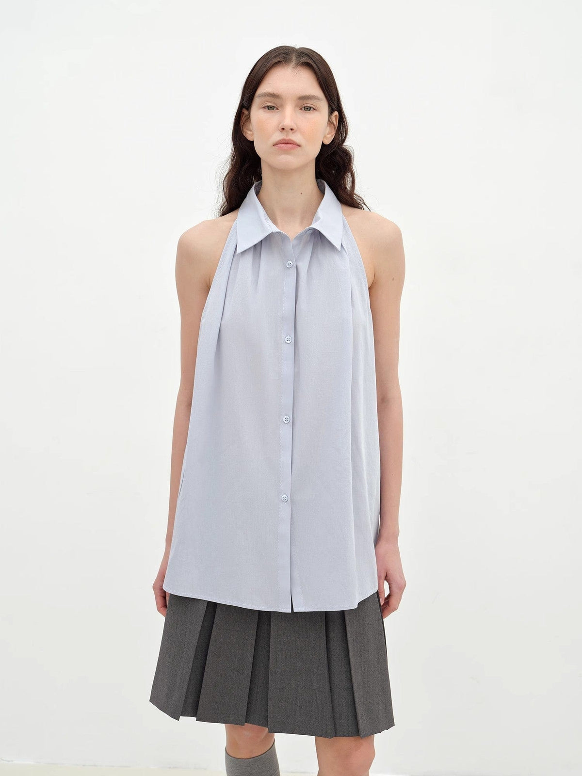 Fireladyfur Clothing Women's Fashion - Women's Clothing - Blouses & Shirts "Poland Island" Imported Pure Cotton Stand-Up Collar Sleeveless Striped Shirt Temperament Top for Women