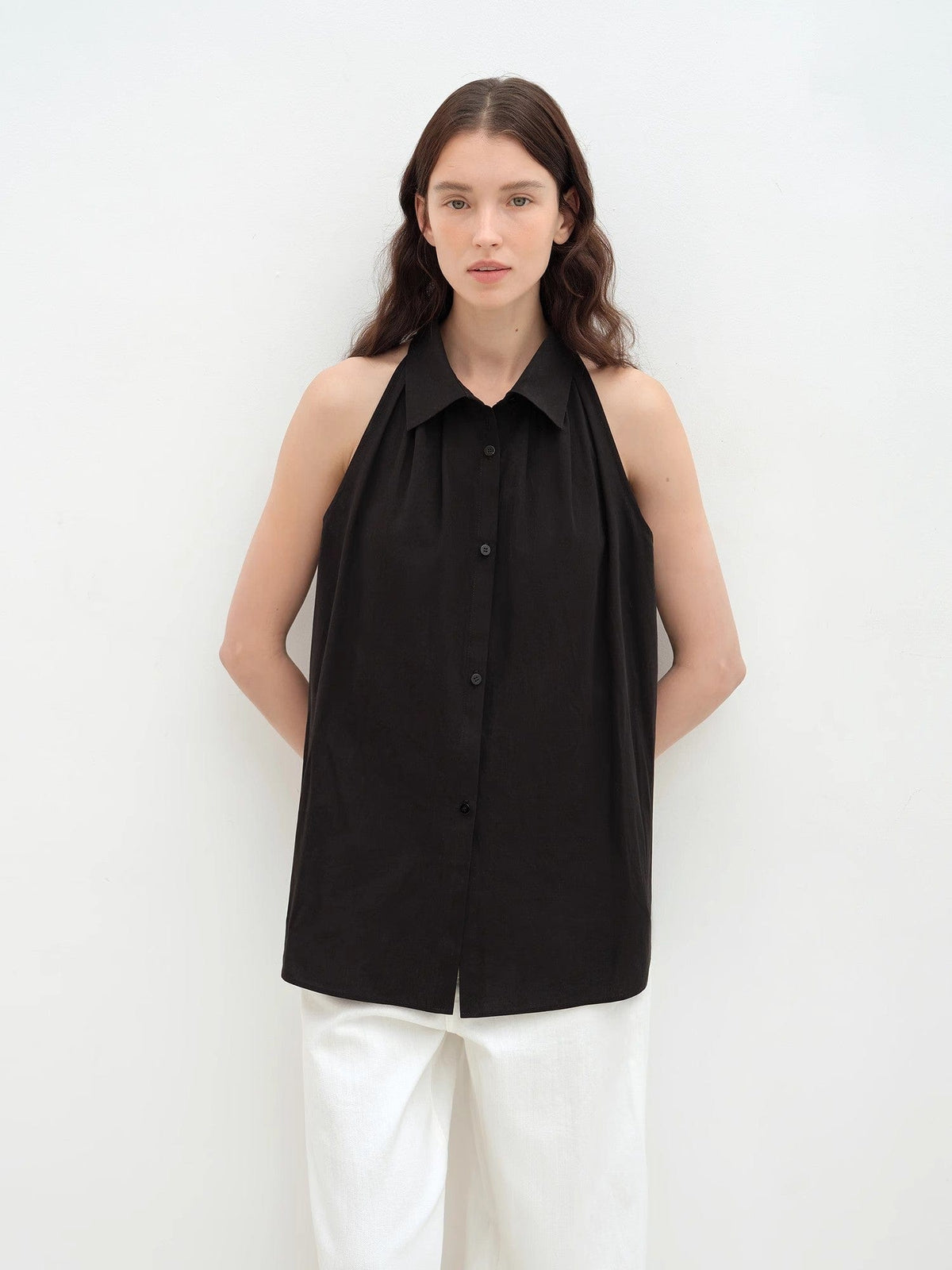 Fireladyfur Clothing Women's Fashion - Women's Clothing - Blouses & Shirts "Poland Island" Imported Pure Cotton Stand-Up Collar Sleeveless Striped Shirt Temperament Top for Women