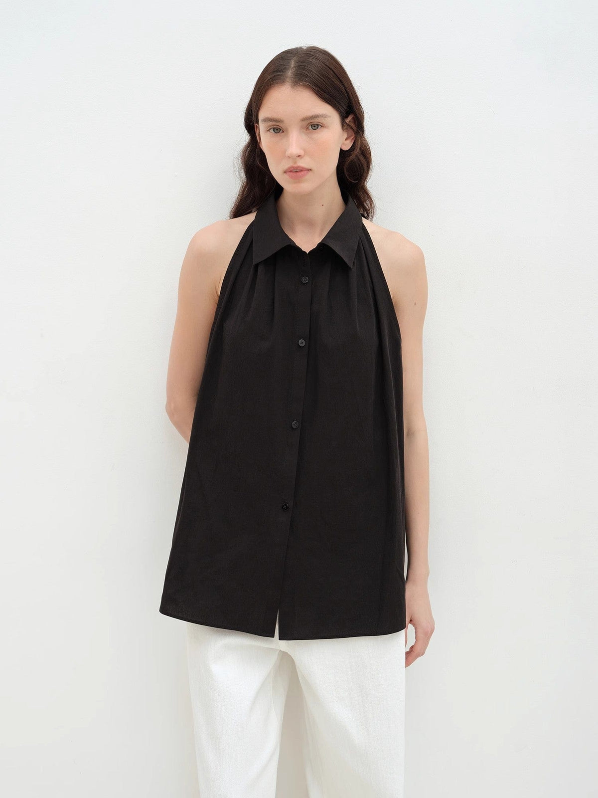 Fireladyfur Clothing Women's Fashion - Women's Clothing - Blouses & Shirts "Poland Island" Imported Pure Cotton Stand-Up Collar Sleeveless Striped Shirt Temperament Top for Women
