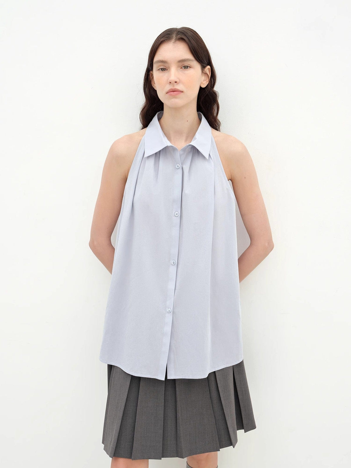 Fireladyfur Clothing Women's Fashion - Women's Clothing - Blouses & Shirts "Poland Island" Imported Pure Cotton Stand-Up Collar Sleeveless Striped Shirt Temperament Top for Women