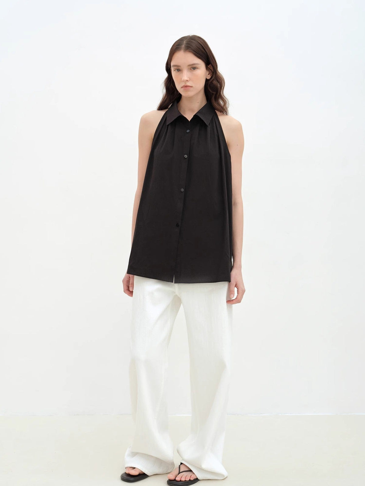 Fireladyfur Clothing Women's Fashion - Women's Clothing - Blouses & Shirts "Poland Island" Imported Pure Cotton Stand-Up Collar Sleeveless Striped Shirt Temperament Top for Women