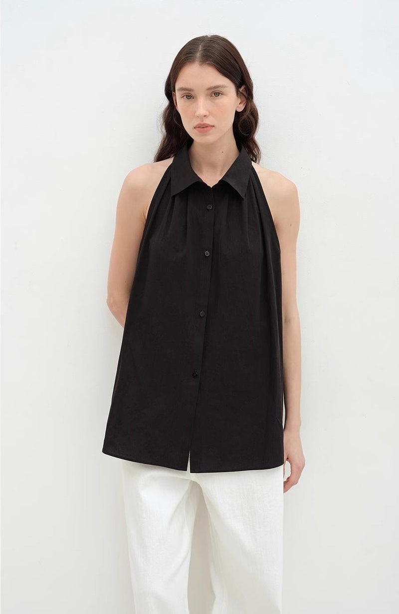 Fireladyfur Clothing Women's Fashion - Women's Clothing - Blouses & Shirts "Poland Island" Imported Pure Cotton Stand-Up Collar Sleeveless Striped Shirt Temperament Top for Women