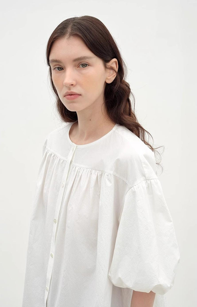 Fireladyfur Clothing Women's Fashion - Women's Clothing - Blouses & Shirts "Romantic Line Drawing" Pure Cotton Slightly Wrinkled Puff Sleeve Short Top for Women
