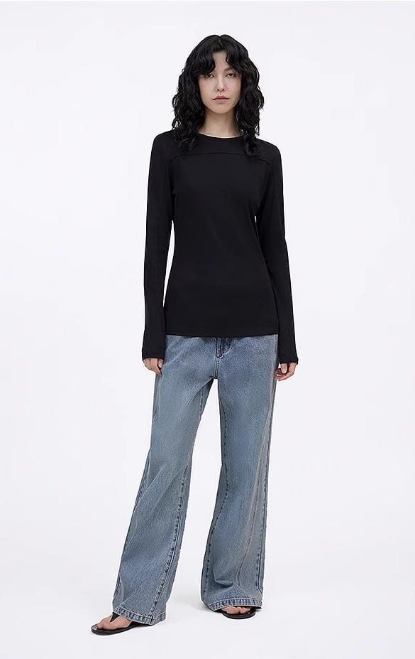 Fireladyfur Clothing Women's Fashion - Women's Clothing - Blouses & Shirts Round Neck Deconstructed Long Sleeve T-Shirt for Women Slim Fit and Versatile Top
