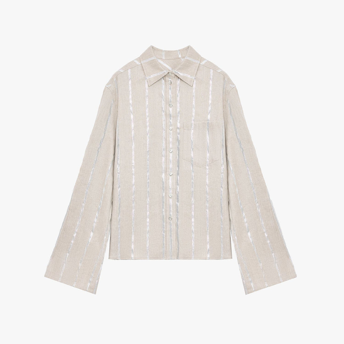 Fireladyfur Clothing Women's Fashion - Women's Clothing - Blouses & Shirts S（4-6） "Anonymous Letter" Silver Stripe Trumpet Sleeve Linen Cropped Shirt