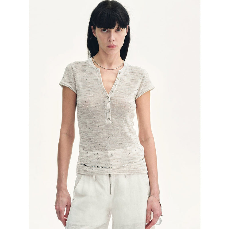 Fireladyfur Clothing Women's Fashion - Women's Clothing - Blouses & Shirts S（4-6） / Apricot "Minimalist Light Gap" Cotton and Linen Blend Sequined Henley Neck Short Sleeve T-Shirt