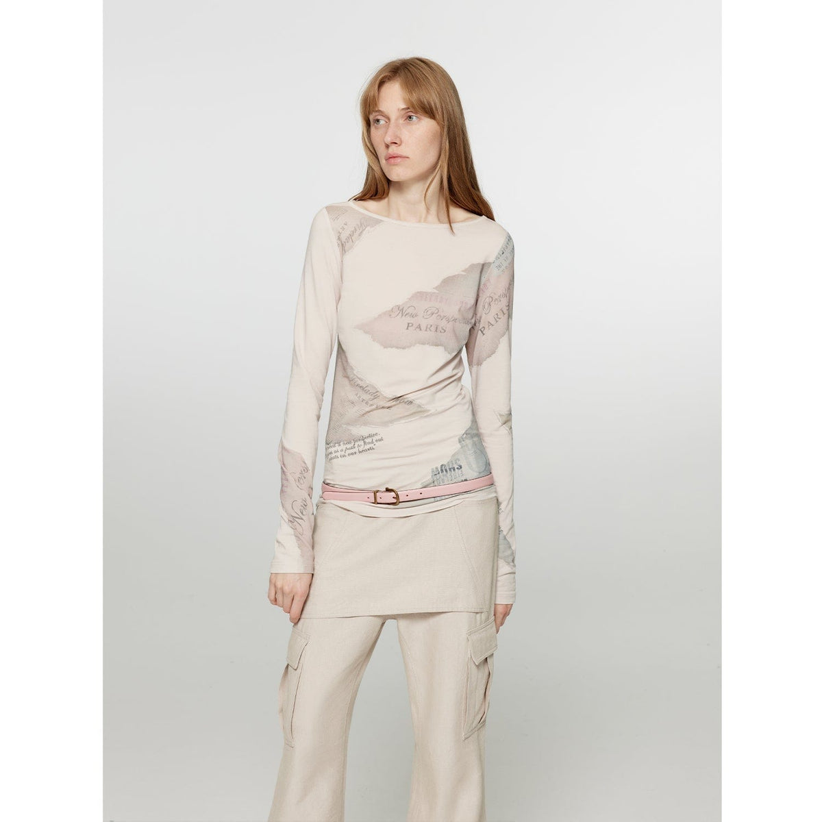 Fireladyfur Clothing Women's Fashion - Women's Clothing - Blouses & Shirts S（4-6） / Apricot Pink "Letter From Morning and Evening" Silk Cotton Blended/Original Printed One-Line Collar Long Sleeve T-Shirt Women's Fitte
