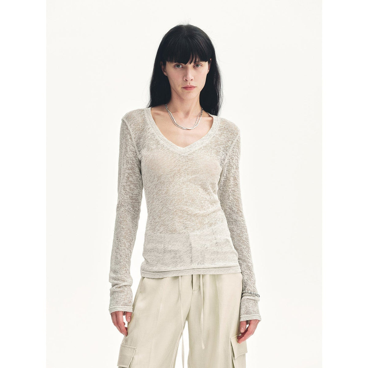 Fireladyfur Clothing Women's Fashion - Women's Clothing - Blouses & Shirts S（4-6） / Apricot "Spring Old Dream" Loose and Versatile Slightly Hollow V-Neck Straight Shoulder Top