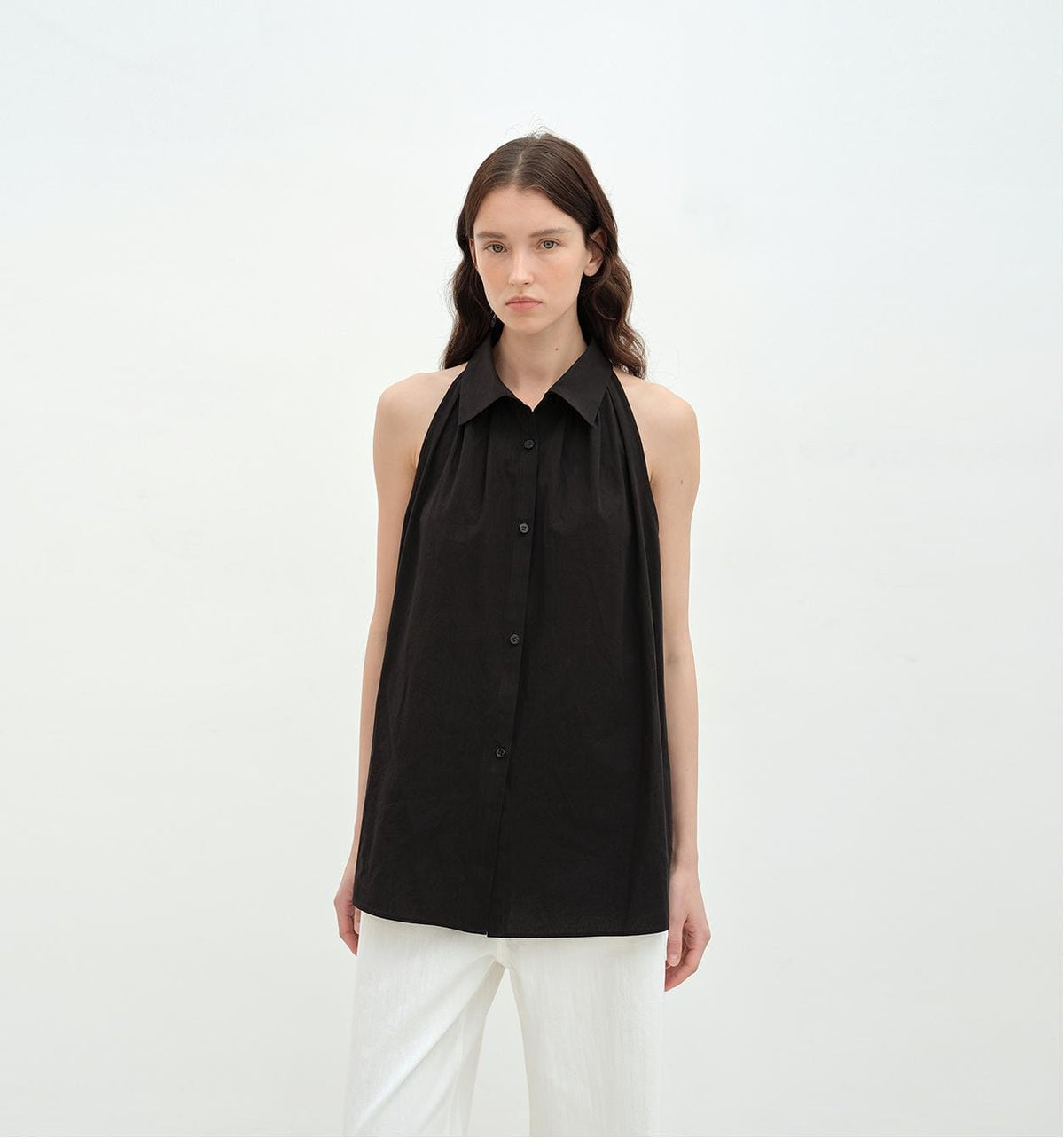 Fireladyfur Clothing Women's Fashion - Women's Clothing - Blouses & Shirts S（4-6） / Black "Poland Island" Imported Pure Cotton Stand-Up Collar Sleeveless Striped Shirt Temperament Top for Women
