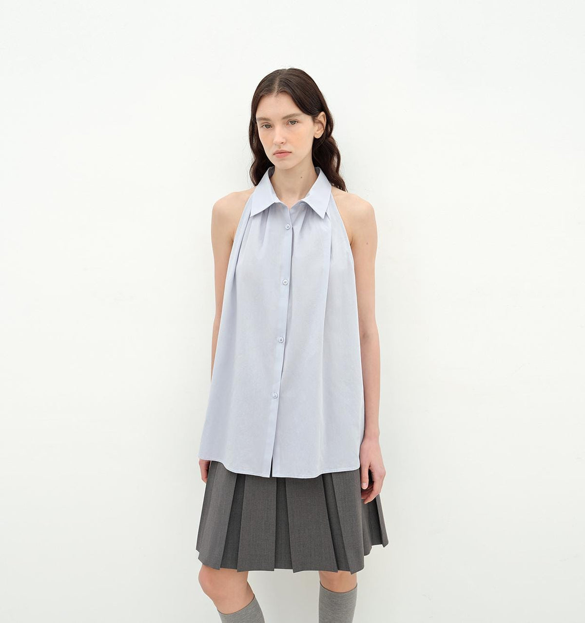 Fireladyfur Clothing Women's Fashion - Women's Clothing - Blouses & Shirts S（4-6） / Blue "Poland Island" Imported Pure Cotton Stand-Up Collar Sleeveless Striped Shirt Temperament Top for Women